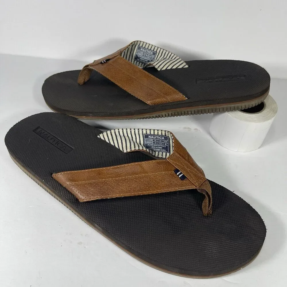 Nautica Clarkson 2 Men's Flip Flop Sandals Size 13 Brown Faux Leather Thong